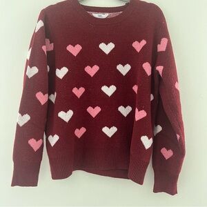 Time and Tru Heart Pattern Sweater - Burgundy and Pink